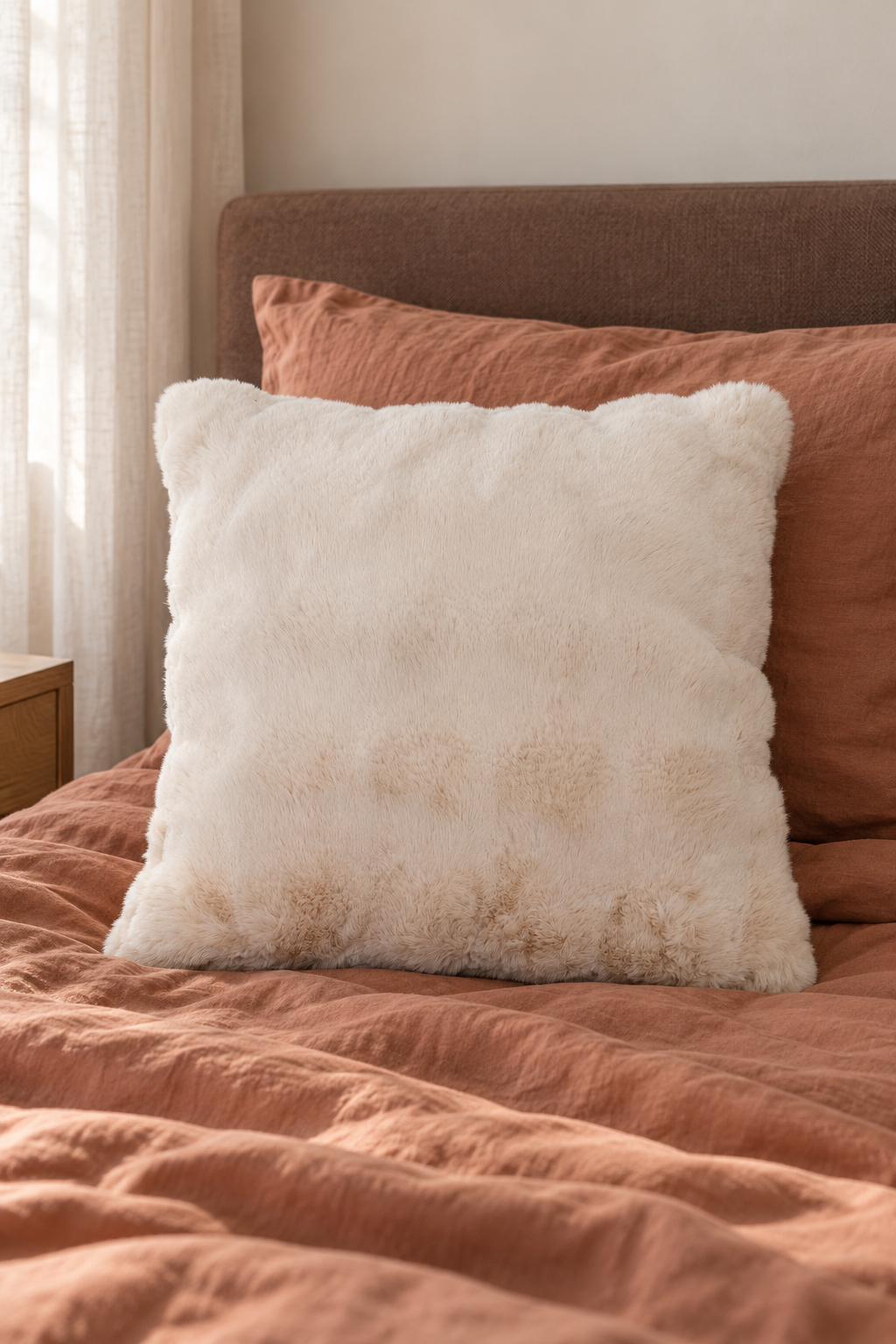 LUCI Beige auf einem Bett – KI-generierte Wohninszenierung im Pinterest-Format