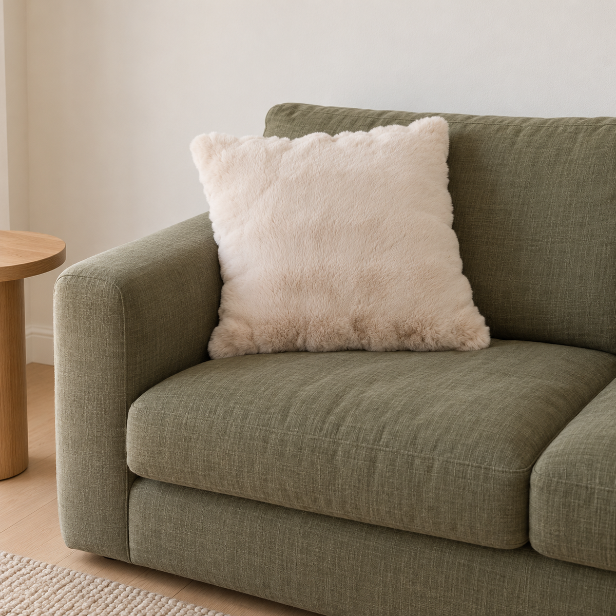 LUCI Beige auf grünem Sofa – KI-generierte Wohninszenierung