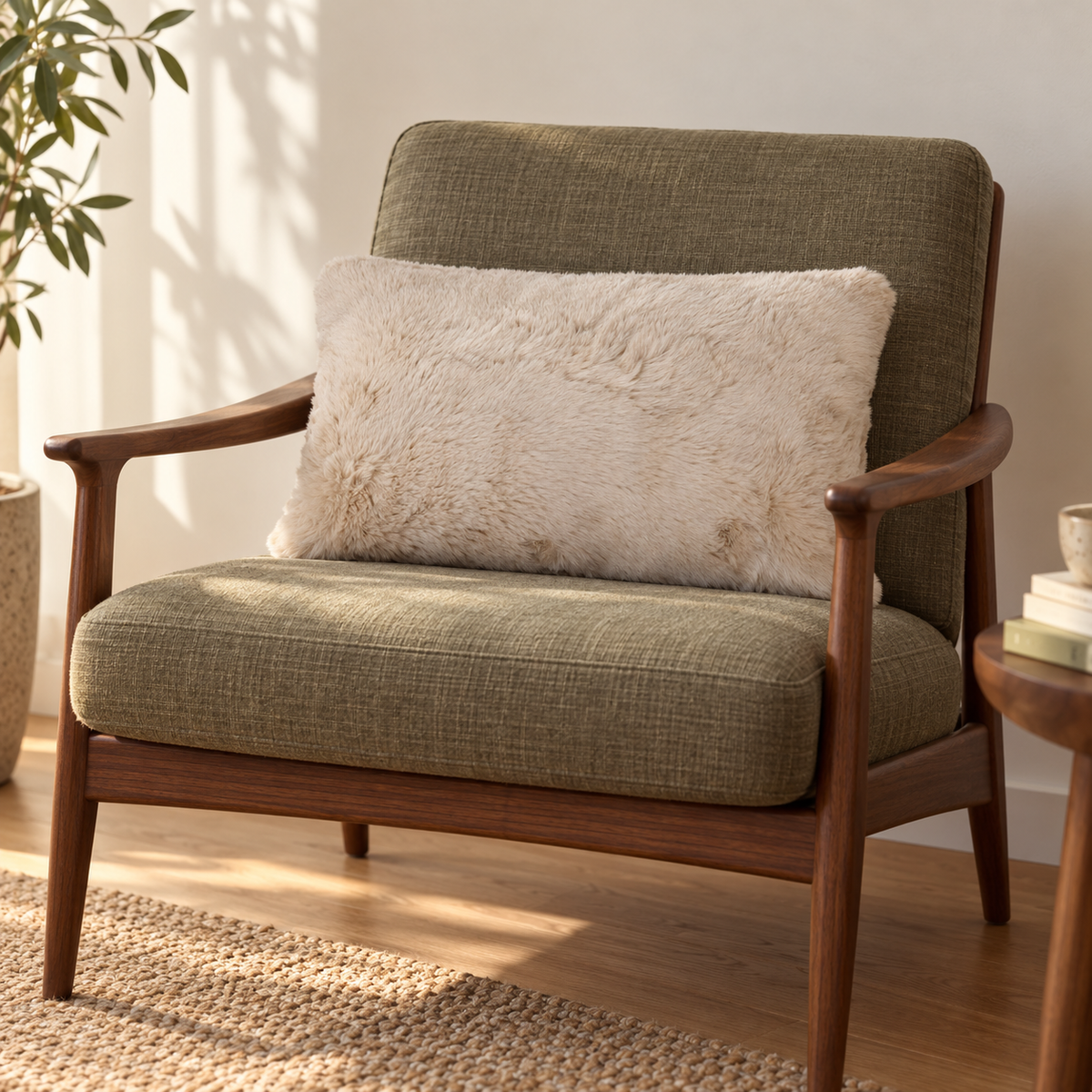SUSAN Kunstfellkissen Beige 50 × 35 cm – Wohnbild