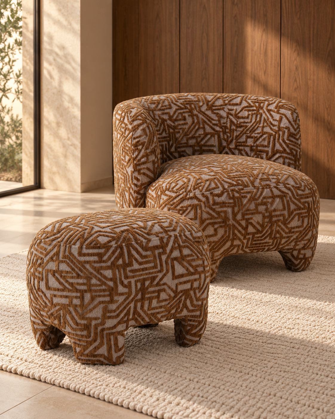 NYRA Hocker Camel – Wohninspiration mit WENDY – KI-inszeniert