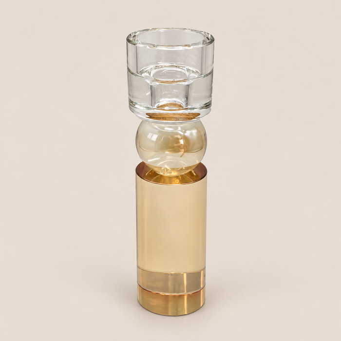 OBSCURA Kerzenhalter Klar-Gold Ø 5 × 20 cm – Frontansicht auf Veto Beige