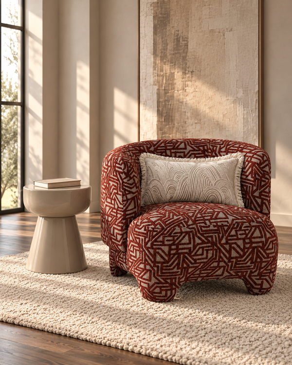 Wohninspiration WENDY Sessel Rost mit passenden Wohnaccessoires – Hochformat
